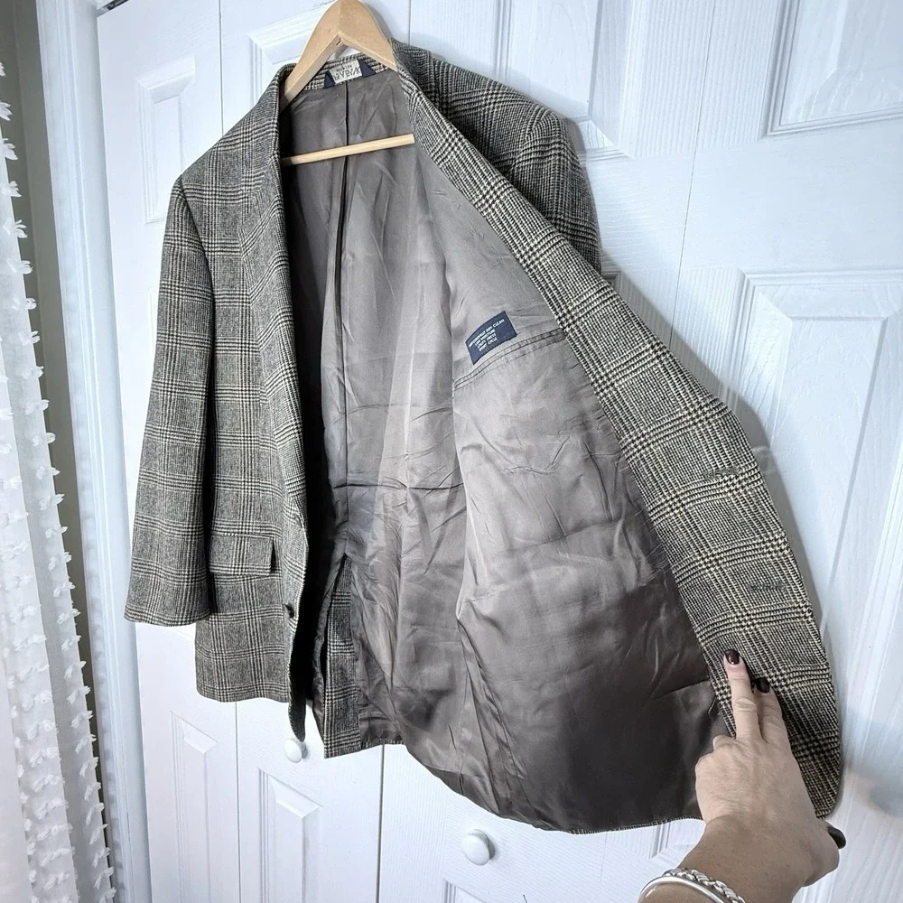 Jos A Bank Camel Hair Soft Tweed Blazer Men's 46L Gordon‎ Check Plaid Two Button
